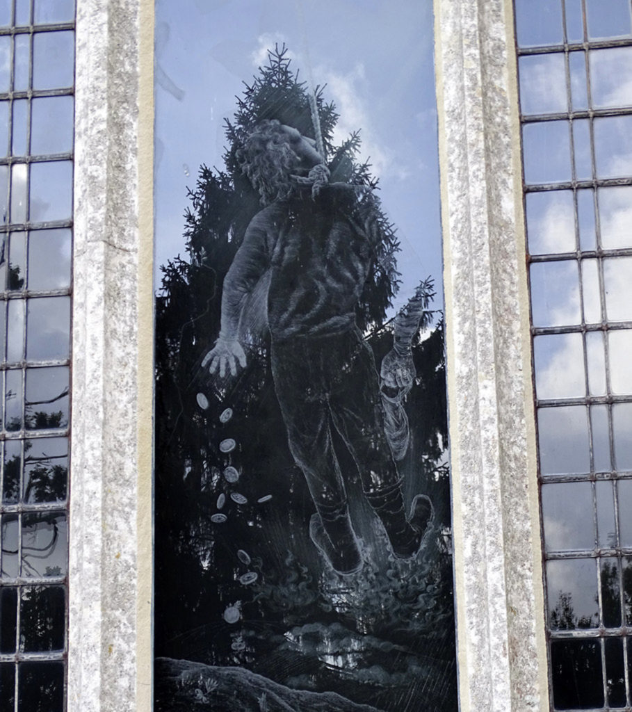 Гравировка на оконном стекле "13-ый ученик". Церковь Святого Николая в Мортоне. Сэр Лоуренс Уистлер (1912 – 2002г)